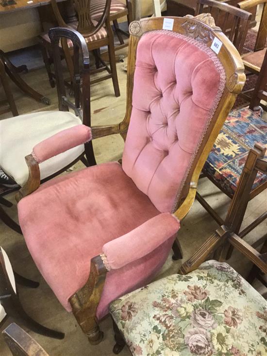 Late Victorian walnut pink dralon upholstered buttonback armchair